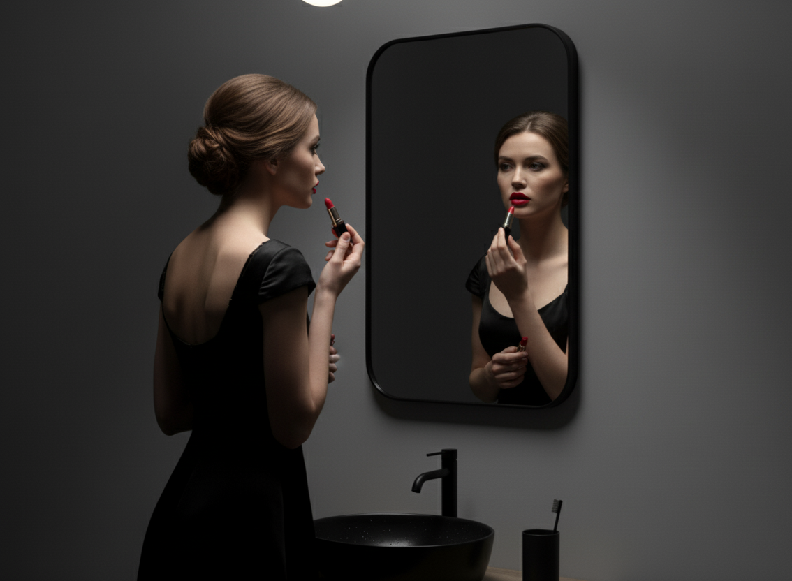 Woman applying lipstick in front of a mirror in a dimly lit room.