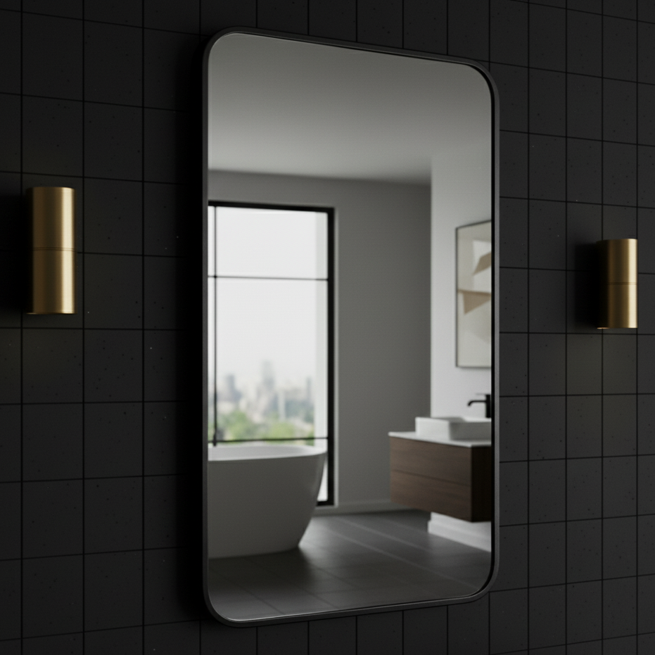 Bathroom with a large mirror reflecting a bathtub and window, against a black tiled wall.