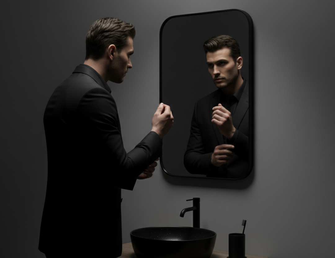 Man adjusting his suit in front of a mirror in a darkly lit room.