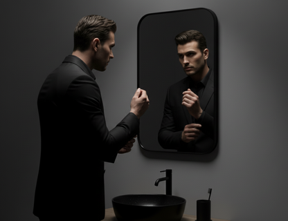 Man adjusting his suit in front of a mirror in a darkly lit room.