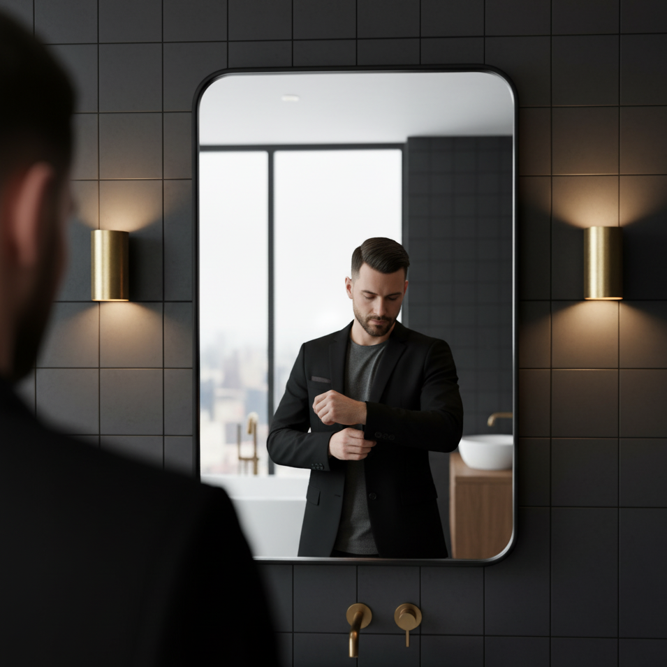 Man adjusting his jacket in front of a mirror in a bathroom with black tiled walls. Showing RFLKT 1 mirror by Trossk