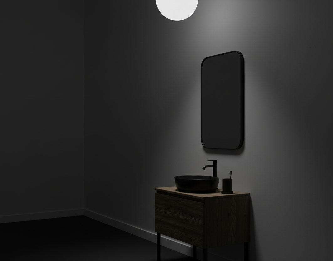 Dark bathroom with a sink and mirror under a single light fixture.