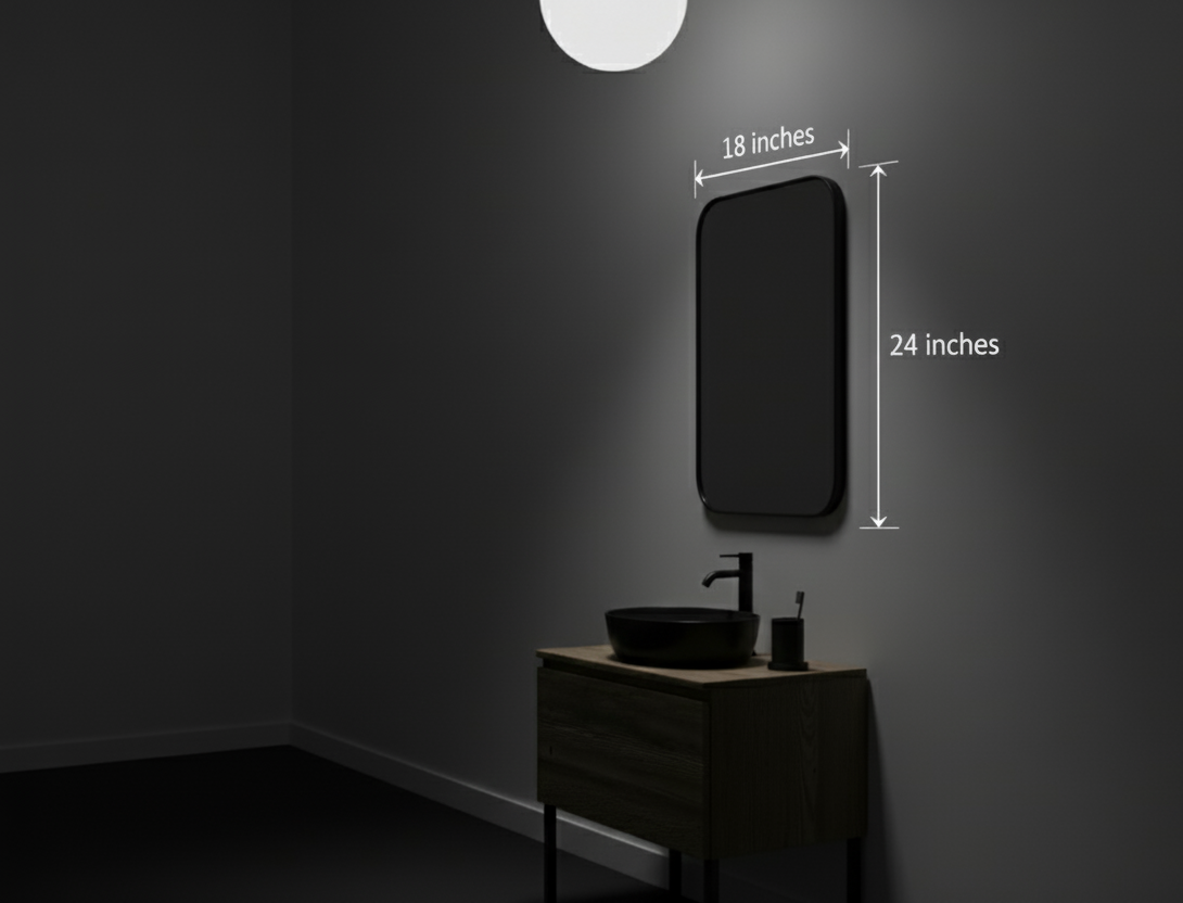 Bathroom setup with a mirror and sink, showing dimensions on a dark wall.