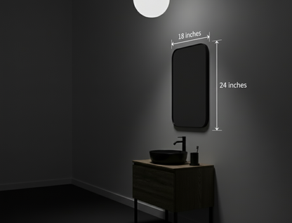 Bathroom setup with a mirror and sink, showing dimensions on a dark wall.